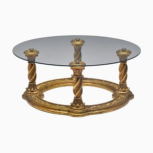 Hollywood Regency Brass Glass Carved Giltwood Coffee Table, 1940s