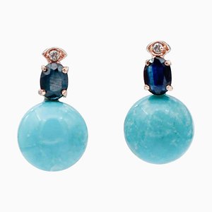 Boucles d'Oreilles Turquoise, Saphir Bleu, Diamant et Or Rose 14 Carats