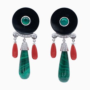 Boucles d'Oreilles en Agate Verte, Malachite, Onyx, Corail, Diamant et Platine