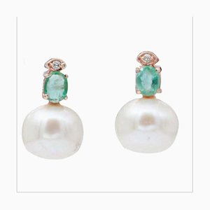 Pearl, Emerald, Diamond & 14 Karat Rose Gold Stud Earrings