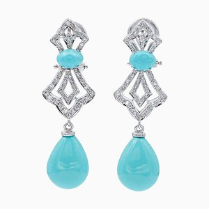 Turquoise, Diamond & 14 Karat White Gold Dangle Earrings