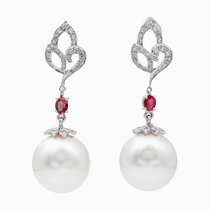 South-Sea Pearl, Ruby, Diamond & 14 Karat White Gold Dangle Earrings