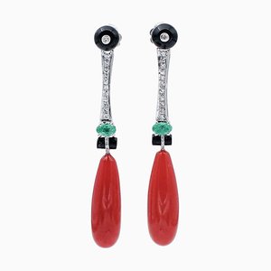 Boucles d'Oreilles en Corail Rouge, Émeraude, Onyx, Diamant et Platine