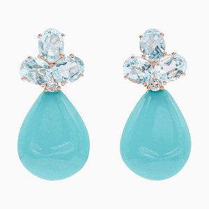 Boucles d'Oreilles Turquoise, Aigue-Marine, Diamant et Or Rose 14 Carats