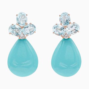 Turquoise, Aquamarine, Diamond & 14 Karat Rose Gold Earrings