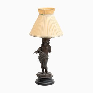 Lampada da tavolo in bronzo e legno, inizio XX secolo