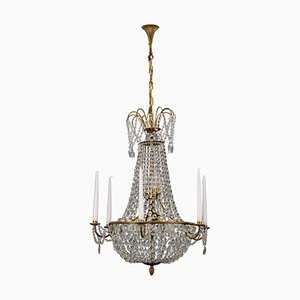 French Louis XVI Style Brass and Crystal Basket 9-Light Chandelier