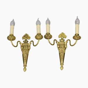Französische Louis XVI Wandlampen aus vergoldeter Bronze & Messing mit 2 Leuchten, 2er Set