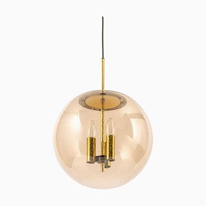 Large Brass Pendant Lamp with Smoked Glass Globe from Limburg, Germany, 1970s
