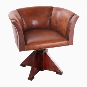 Sheepskin Leather Desk Chair with Wooden Swivel Base, 1970