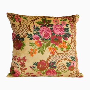 Cushion Cover in Yellow Velvet Textile with Flower Design