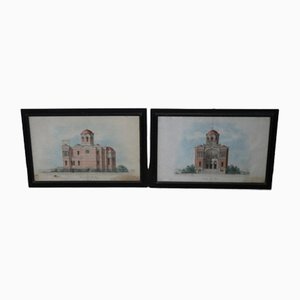 Architectural Drawings, Italian Church, 1920s, Paper, Set of 2, Framed