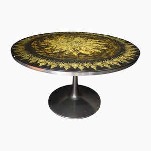 Mid-Century Pedestal Dining Table With Hand Painted Gilded & Bronzed Top by Poul Cadovius & Bjorn Wiinblad for Cado
