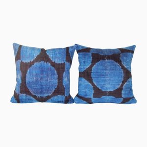 Ikat Velvet & Silk Lumbar Cushion Covers in Blue, Set of 2