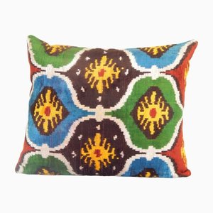 Ikat Lumbar Cushion Cover in Blue Silk & Velvet