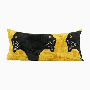 Ikat Velvet & Silk Lumbar Cushion Cover with Panther Design
