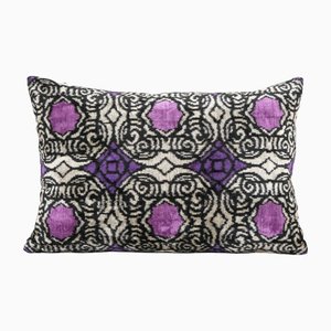 Geometric Blue & Pink Velvet & Silk Ikat Lumbar Cushion Cover