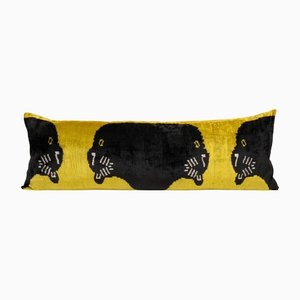 Velvet & Silk Ikat Lumbar Cushion Cover with Panther