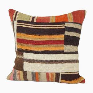 Turkish Striped Patchwork Kilim Rug Cushion Cover in Wool