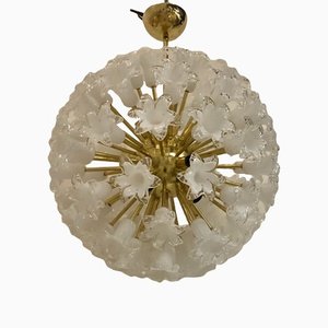 Lámpara de araña Sputnik Mid-Century de cristal de Murano con flores blancas, 1980
