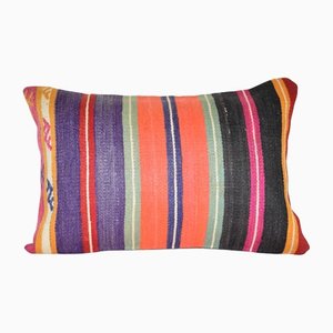 Turkish Striped Kilim Lumbar Rug Cushion Cover, Mid-20th Century