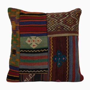 Small Turkish Geometric Handwoven Multicolored Patchwork Kilim Cushion Cover