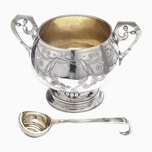 20th Century Russian Pan Slavic Solid Silver Punch Bowl & Ladle, Moscow, 1900s, Set of 2