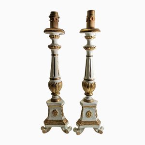 Italian Lacquered & Gilded Altar Candelabra in Carved Wood, Set of 2