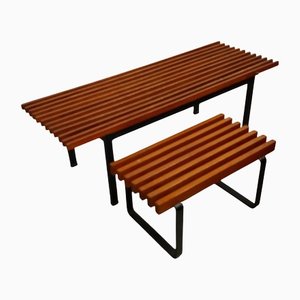 Wooden Slat Benches, 1960s, Set of 2