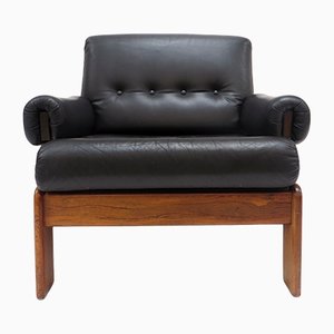 Black Leather Armchair with Solid Wooden Frame, 1960s