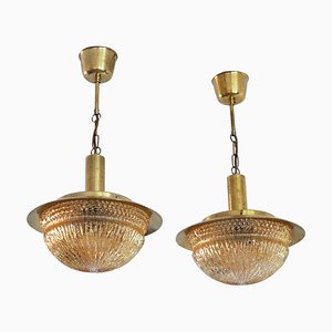 Mid-Century Danish Glass and Brass Chandeliers by Vitrika, Set of 2