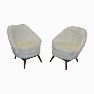 Mid-Century White Faux Fur Lounge Chair, 1950s Set of 2
