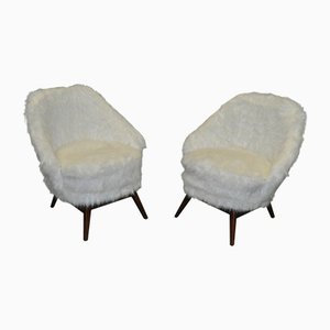 Set of Mid-Century White Faux Fur Lounge Chair, 1950s Set of 2