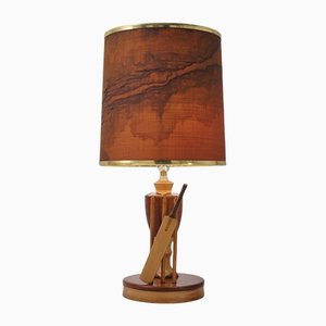 English Marquetry Wood Inlaid Table Lamp, 1950s