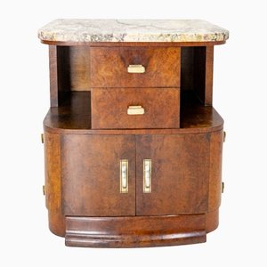 Art Deco French Burled Walnut Top Marble Side Table or Nightstand Table, 1930s