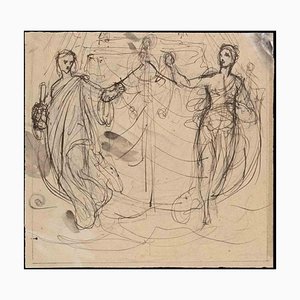 Jean-Baptiste Auguste Leloir, Two Dancing Figures, 19th-Century, Ink on Paper