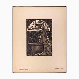 Grabado en madera original de Raphael Drouart, The Temptation of Saint, siglo XX