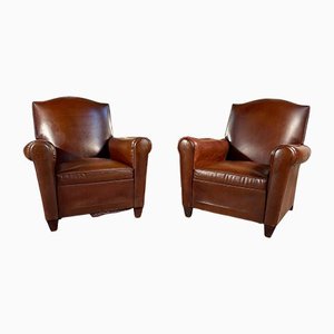 Antique French Club Chairs in Leather, 1910