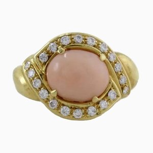 Pink Coral & Diamond Yellow Gold Ring