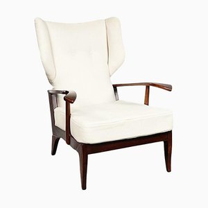 Butaca italiana Mid-Century de tela blanca y madera de Paolo Buffa, años 50