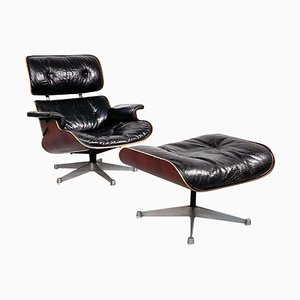 American Black Leather & Wood 670 & 671 Lounge Chair & Ottoman by Eames for Miller, 1970s, Set of 2