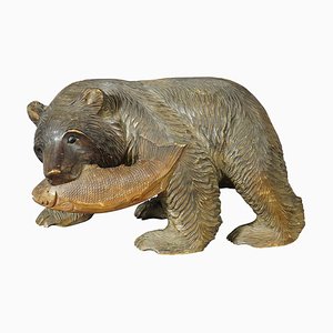 Vintage Swiss Carved Black Forest Bear with Salmon, 1960