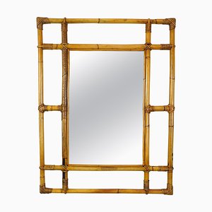 Espejo de pared italiano rectangular de ratán y bambú, años 60