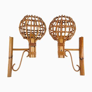 Rattan & Bamboo Sconces Lantern Wall Lamp by Louis Sognot, 1960s, Set of 2