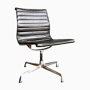Chrome and Black Leather Ea 105 Alu Group Side Chairs by Eames for Vitra, 1980s, Set of 4