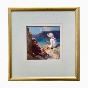 John Richard Townsend, Two Girls at the Beach, 20th-Century, Oil on Board