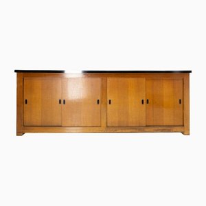 Mid-Century French Oak Buffet Enfilade Sideboard Credenza with Four Sliding Doors