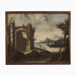 Small Landscape Painting, 18th-Century, Oil on Canvas, Framed
