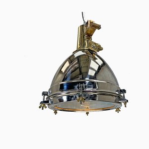 Extra Large Industrial Stainless Steel & Brass Dome Ceiling Light with Led Bulbs