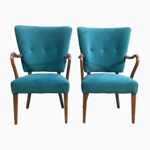Teak & Velvet Fabric Armchairs, Set of 2